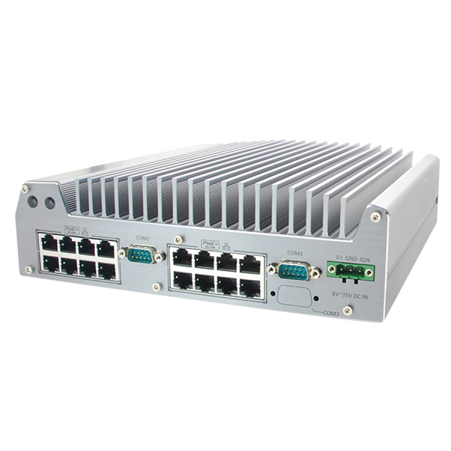 Fanless Surveillance Computer w/3rd Gen i7 Quad-core 16x PoE+ & 4x USB