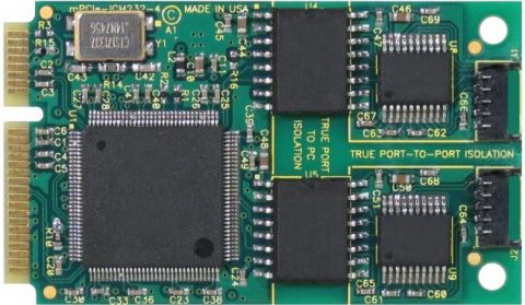 4-port isolated RS-232 PCI Express Mini Card with industrial operating temperature